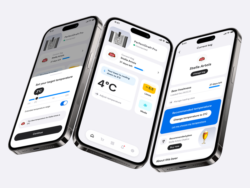 A picture of the PerfectDraft App - there are three phones each showing a different screen from the app experience.