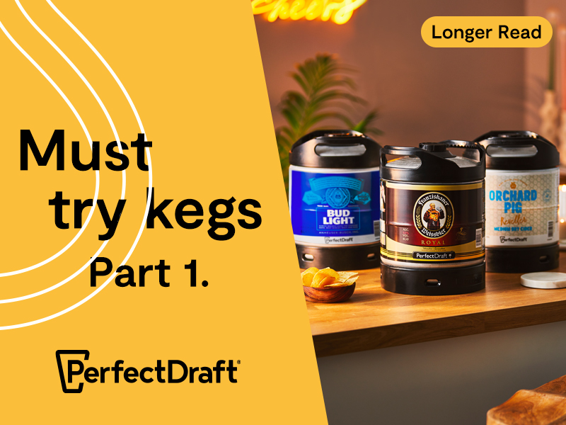Must Try Kegs Part 1. A picture of three PerfectDraft Kegs on a kitchen counter top.